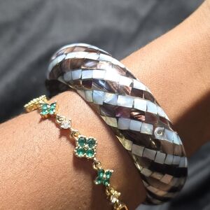 Boho Vintage Mother of pearl Mosaic Blue And Brown Bangle